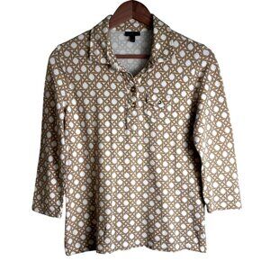 Talbots Womens Beige & White Geometric Print Polo Shirt With 3/4 Sleeves Sz M